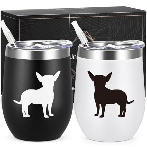 Lifecapido Chihuahua Gifts, Chihuahua Silhouette 12oz Stainless Steel Wine Tumbler Set of...
