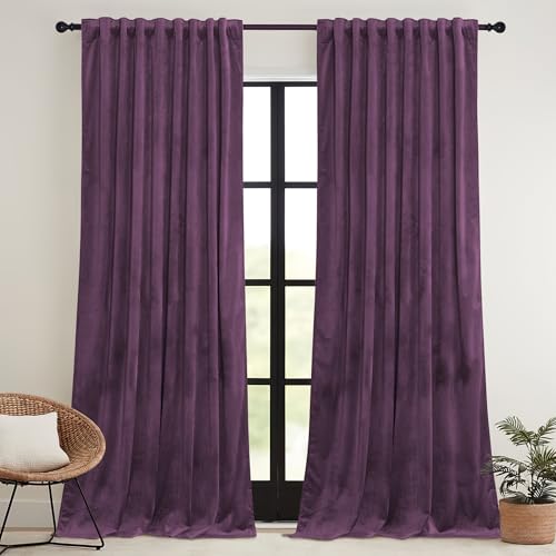 Image of RYB HOME Purple Velvet Blackout Curtains 84 inches for Bedroom Living Room | Thermal Insulated, Room Darkening, Super Soft Velvet, Drapes with Pleat Tape, Dining Room Home Theater, W52 x L84, 2 Panels