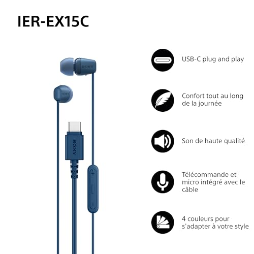 Sony IER-EX15C avec Micro – Écouteurs filaires USB-C pour Android, iPhone, Ordinateur Portable et PC – Câble Anti-enchevêtrement – Parfaits pour Les Voyages et Une Utilisation Quotidienne – Bleu