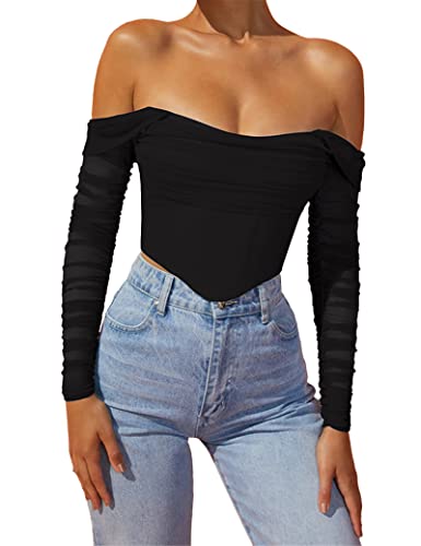 M_Eshop Women's Mesh Sheer Corset Crop Top Ruched off Shoulder Blouse Asymmetrical Hem Boned Bustier (X-Small, Black)