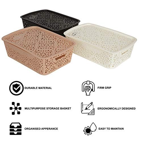 Image of Cutting Edge Essentials Plastic Storage Baskets /Shelf /Turkish Rack with Lid - Set of 3 for Fruit Vegetable Bathroom Stationary Home Basket with Handle (Brown,Beige & White - Medium)