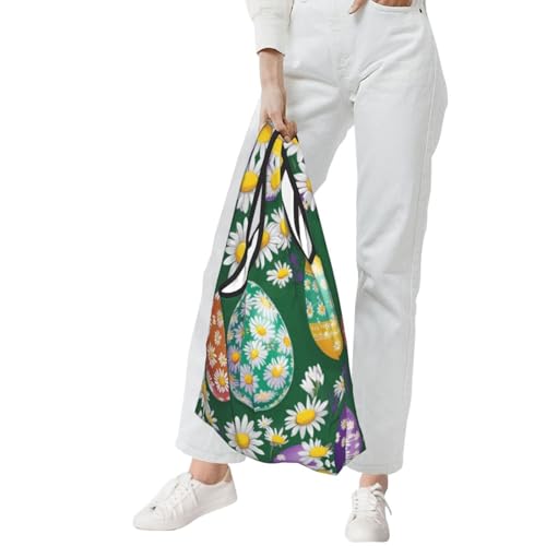 Easter Eggs Print Grocery Shopping Bags Reusable With Flowers Plant Lover Gifts Shopping Bag Lightweight Foldable Bag3