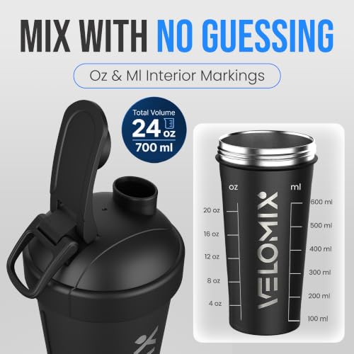 Image of VELOMIX 24oz Stainless Steel Shaker Bottle with Wire Whisk, Black