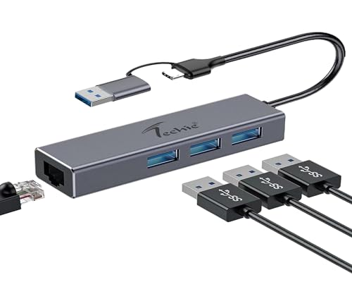 Image of Techie USB /Type-C to RJ45 Gigabit LAN & 3-Port USB 3.0 Hub - Dual Plug (USB-A + USB-C) Adapter for Laptop, MacBook, iPad Pro, Tablets & Desktop PCs - Space Grey