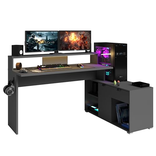 Miroytengo Bureau Gaming Playit, table gamer LED en mélamine multiposition, 1 tiroir, crochet pour...
