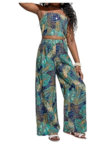 Image of Floerns Girl's 2 Piece Outfit Hawaiian Tropical Crop Cami Tops and Boho Pants Set