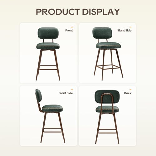 Image of MALOL 26 inch PU Leather Swivel Bar Stools Set of 2, Mid Century Counter Height Bar Chairs with Low Back and Metal Legs, Modern Bar Stool Chair for Kitchen Island, Green
