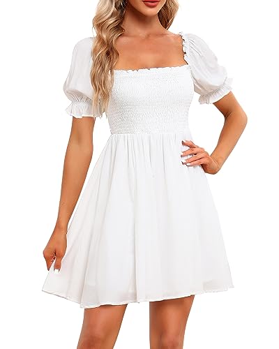 Image of Holipick Women's Casual Square Neck Smocked Dress Shirred Ruffle Puff Sleeve High Waist Cute Flowy A-Line Short Dress