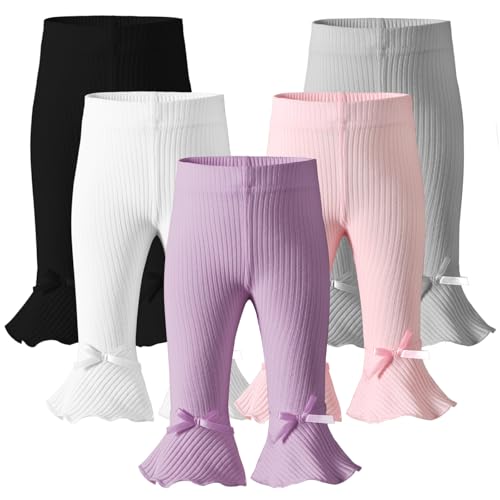 Image of Dalukit Newborn Toddler Baby Girl Pants Leggings Ribbed Straight Flare Infant Girl Pants Leggings Bell Bottoms 5 Packs