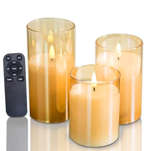 Image of CANDLE CHOICE Real Wax Battery Operated Flameless Pillar Candles with Remote Timer Gold Glass Shell Realistic Black Wick Flickering Electric LED Lights Wedding Halloween Christmas Decorations 3 Pack
