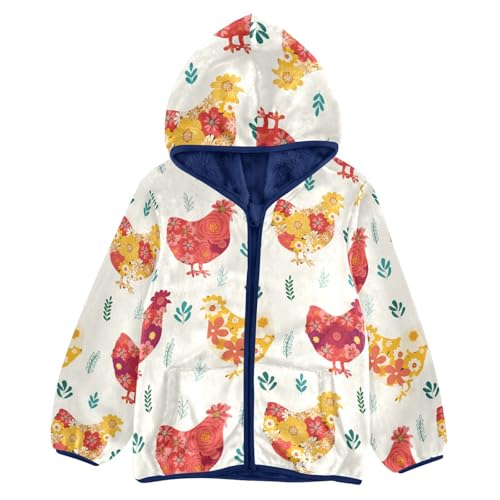 Colorful Flower Chickens Hand Drawn Girls Fleece Jacket Girls Fall Jacket Girls Zip Up Hoodie Girls Sherpa Jacket 2-10T