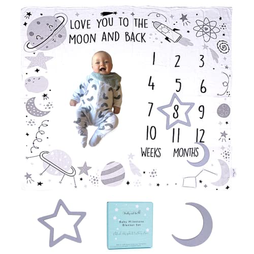 Image of Baby Boy Monthly Milestone Blanket - Large Soft Blanket w/Star & Moon Frames - Organic Cotton Bamboo Blend - Shower Gift for Moms to Easily Save & Share Babies Weekly Monthly Milestones - 47" x 47”