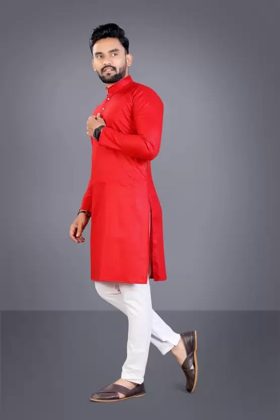 Image of weltpocket Men's Cotton Blend Solid Straight Kurta Pyjama