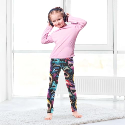 Colorful Sharks Girls' Leggings Toddler Doodles Funny Kids Yoga Pants Dance Active Tights 4T3