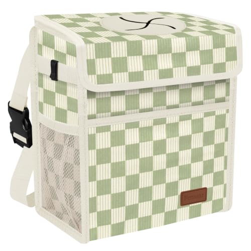 Image of Femuar Leak Proof Car Trash Can with Lid, Collapsible Hanging Waterproof Car Trash Bag with Mesh Pocket for SUV Front Seat Headrest, Large /Beige Light Green Plaid