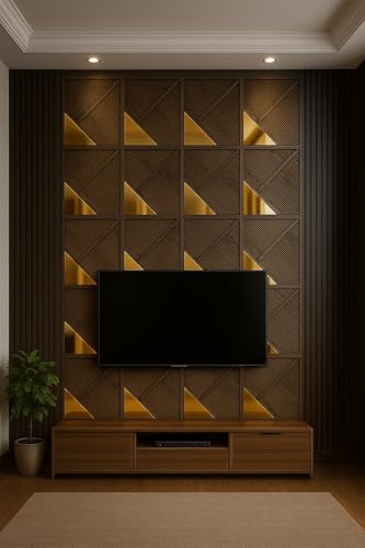 Image of 3D Wood Grain Strip Acylic Gold Mirror PVC Wall Panels for Home, Living Room, cafes (50x50 cm) (Cover Area 2.7 feet)