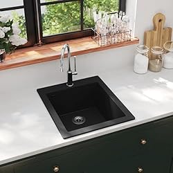 Fregadero Sobrepuesto Fregadero sobrepuesto de granito, JUNZAI Mueble Pila Lavadero, Pila Fregadero Cocina, Fregadero Sobre Encimera, Fregadero Baño Encimera, Picas De Cocina, negro