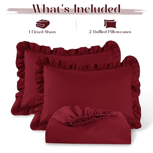 Image of Homiest 3-Pieces Ruffle Pillow Case & Fitted Sheet Set, Burgundy King Sheets with 2 Ruffled Pillow Shams, 15 Inch Deep Pocket, Cute & Coquette Microfiber Bed Set for Decorating Bedroom Hotel