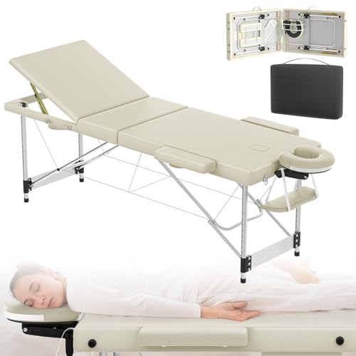 ACXIN Camilla de masaje móvil plegable y regulable en 3 zonas, con marco de aluminio y acolchado de 8,5 cm, soporta hasta 230 kg, incluye reposacabezas, reposabrazos y bolsa de transporte (beige)