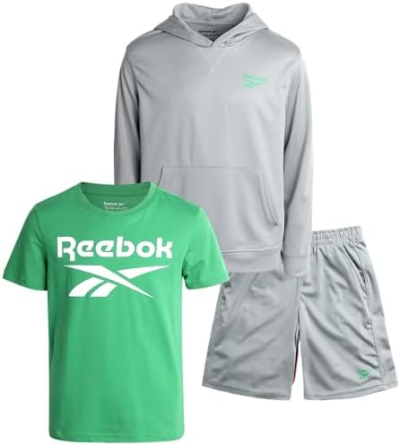 Reebok Boys&#39; Active Shorts Set - 3 Piece Performance Mesh Hoodie Sweatshirt, Gym Shorts, and T-Shirt - Activewear Set (8-12)