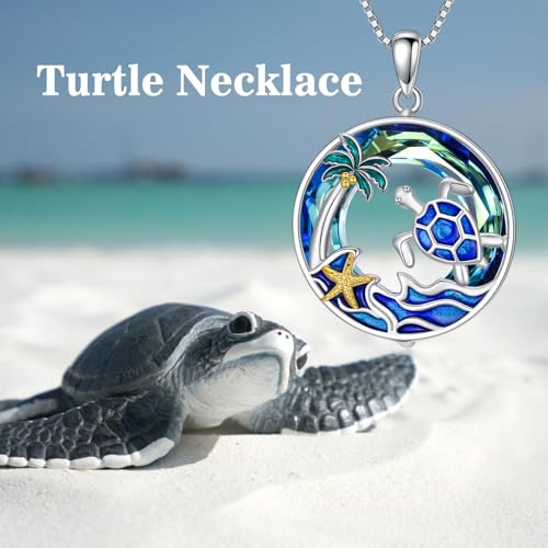 TOUPOP Sea Turtle Gifts Sterling Silver Tropical Palm Tree Ocean Pendant Crystal Sea Turtles Jewelry Christmas Summer Gifts for Women Her3