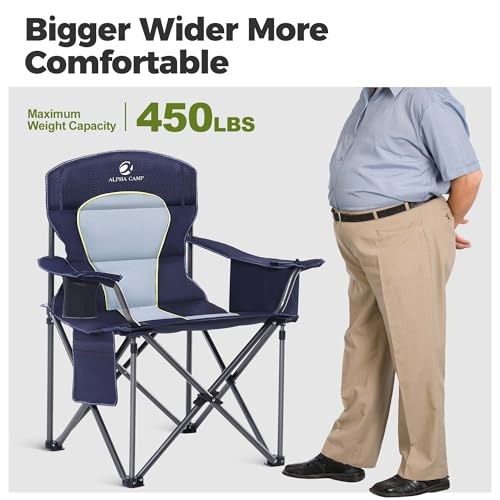 Image of ALPHA CAMP Heavy Duty Camping Chair 500LBS Capacity, Oversized Folding Chair for Heavy People, Padded Portable Outdoor Chair with Cooler Bag & Cup Holder for Camping, Fishing, Beach