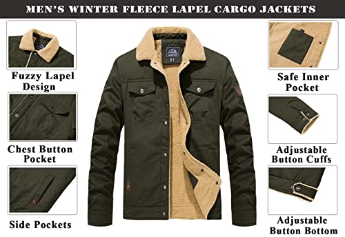 Kefitevd Men's Lapel Collar Thick Jacket Fleece Lined Jacket Classic Cotton Jackets Winter Military Coats Thermal Winter Parka Coats Army Green #TOP4