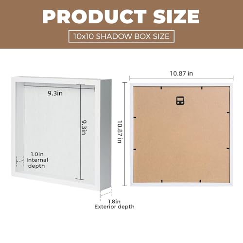 Image of Muzilife 10x10 Shadow Box Picture Frame with Linen Board - Deep Wood & Glass Display Case Ready to Hang Perfect to Display Baby & Sports Memorabilia, Pins, Awards, Medals, Tickets and Photos (White)
