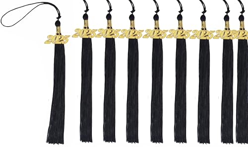 10 Pcs 2025 Graduation Tassel, Black Tassel 2025 with 2025 Year Gold Charms for Graduation Cap Tassel Charms for Graduate Hat Ceremonies Accessories
