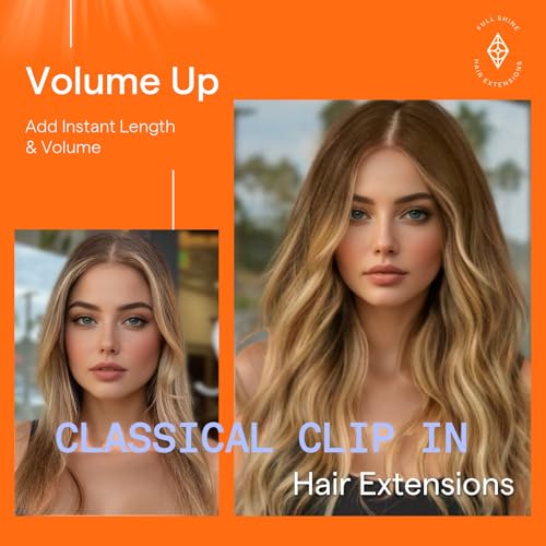 Image of Full Shine 24 Inch Real Hair Extensions Clip in Human Hair for Long Hair | Brown Roots Honey Blonde, Remy Clip in Hair Extensions, Double Weft, Invisible Straight, 7 Pcs 120g