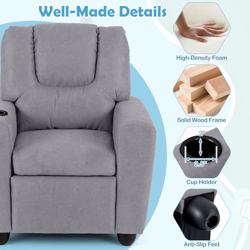 Image of Kids Recliner, Toddler Lounge Chair w /Cup Holder, Wide Armrest, Kids Sofa w /Adjustable Footrest, Comfy Toddler Recliner Chair for for Boys & Girls 3 + (Fabric, Grey)