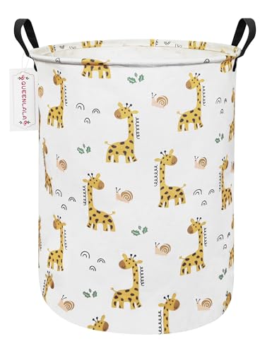 Image of QUEENLALA Large Storage Basket,Laundry Hamper/Bathroom/Home Decor/Collapsible Round Storage Bin,Boys and Girls Hamper/Boxes/Clothing(Round-Yellow Giraffe)