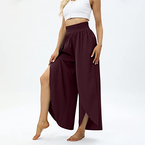 Women Flowy Split Wide Leg Pants High Waisted Yoga Pants Baggy Hippie Pants Soft Pilates Pants Boho Beach Pants Plus Size Palazzo Pants Workout Active Trousers Comfy Lounge Pants #TOP6
