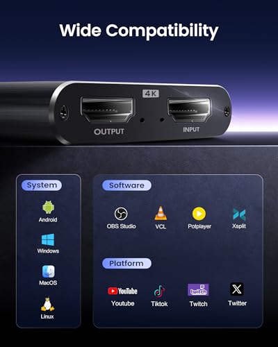 Image of 4K HDMI Capture Card for Streaming, 1080P 60FPS USB 3.0 /Type-C Game Video Capture Card with 4K HDMI Loop-Out, Includes 2pcs HDMI Cables & USB Cable, Works for PS5 /PS4 /Switch /Xbox /PC /Camera /OBS (Black)