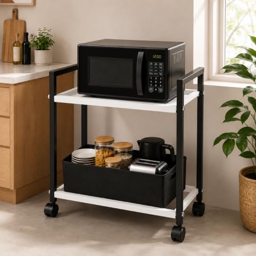 Image of ROHC Microwave Oven Stand with Wheels | Metal Air Fryer Stand for Kitchen | Microwave Trolley Cart with Storage Rack & Shelf, Oven Stand for Countertop & Kitchen
