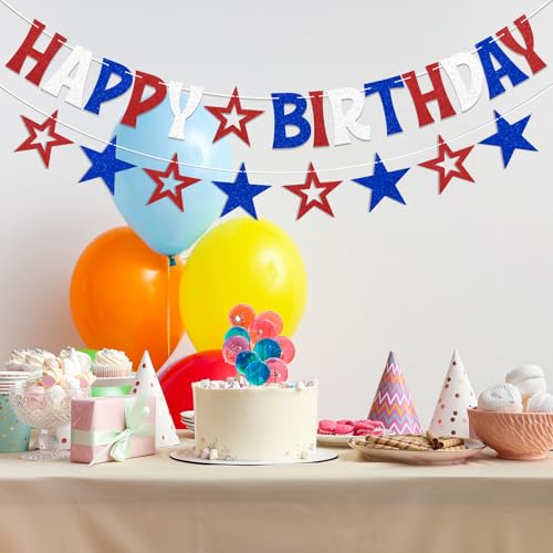Image of Red White & Blue Happy Birthday Banner Decoration Glitter American Themed Stars Decorations for 4th of July Memorial Day Party Independence Day Birthday Decorations