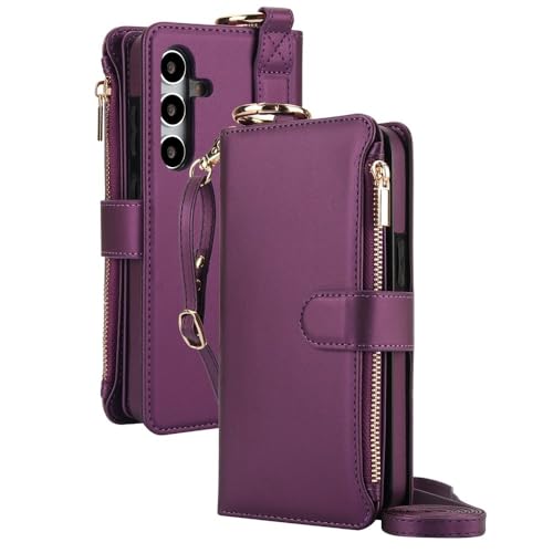 Étui en cuir violet pour Samsung Galaxy A15 et A54 avec fermeture éclair et cordon élégant