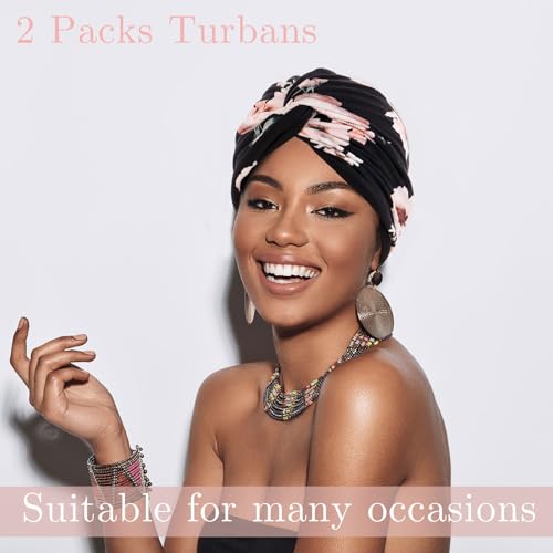 XEPST 2 Pieces Printed Turbans for Women, Soft Pre Tied Knot Turban Head Wraps Chemo Headwear2
