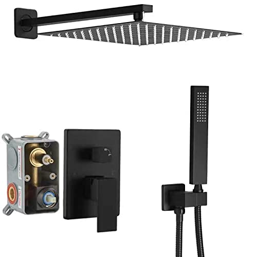 JingGang Matte Black Shower System 10 Inch Bathroom Luxury Rain Mixer Shower Combo Set Wall Mounted Brass Rainfall Shower Head and Handheld System Shower Faucet Rough-in Valve Body and Trim Included