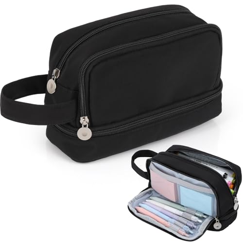 Alyvisun Negro Estuche Escolar con 4 Compartimentos, Estuche Grande para Lápices para Niños y Niñas, Organizador Portátil de Papelería con Asa para Suministros Escolares u Oficina