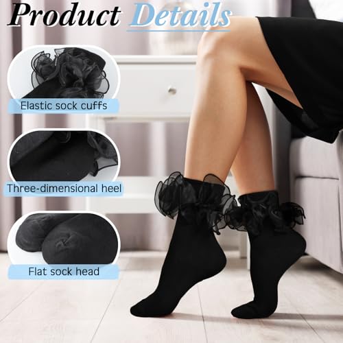 Image of Geyoga 3 Pairs Women Big Ruffle Socks Turn Cuff, Double Lace Ankle Cotton Frilly Socks for Ladies Summer