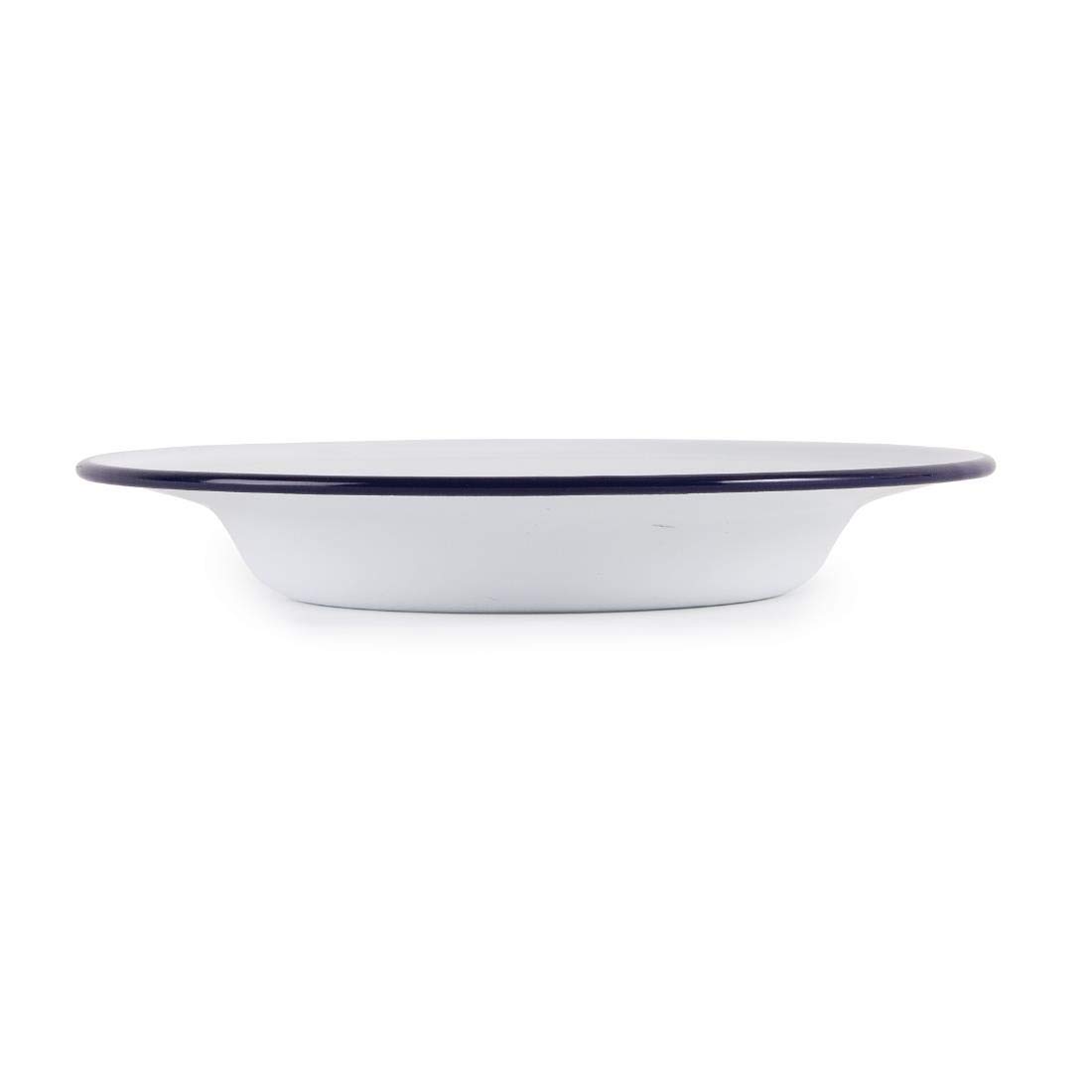 Olympia Assiettes creuses en acier émaillé 245 mm (lot de 6), blanches avec bord bleu, empilables, usage professionnel et domestique, passe au lave-vaisselle et au four, GM513