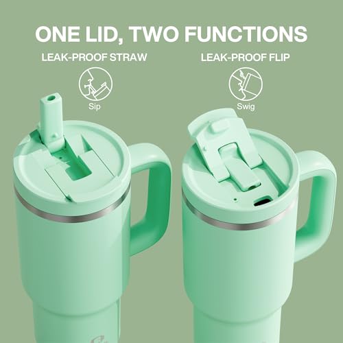 Image of 32 oz Tumbler with Handle and Straw: Stainless Steel Insulated Tumbler Keeps Cold for 24 Hours, Leakproof Travel Cup Fits in Cup Holder and BPA-Free,Brook Green