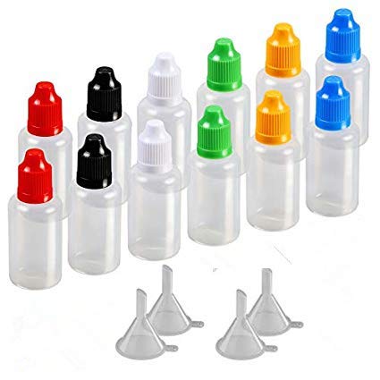 Lot de 12 flacons compte-gouttes à pointe fine en plastique PEBD, 12 flacons translucides et 12 embouts colorés, livrés avec 4 mini entonnoirs de 30 ml Cover