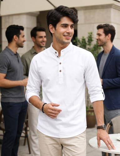 Image of Fifth U Men's Cotton Polyester Blend Solid Mandarin Collar Self Design Full Sleeve Casual Short Kurta