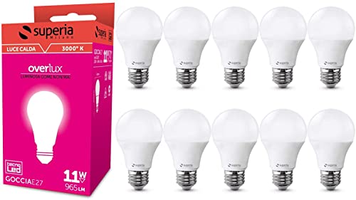 Superia Bombilla LED E27 Gota, 11W (70W Equivalente), Luz Cálida 3000K RA80, Brillante 965 lúmenes, Cubierta Opal A60, Casquillo Edison, Ahorro de Energía, Sin Parpadeo, GE27C Pack de 10