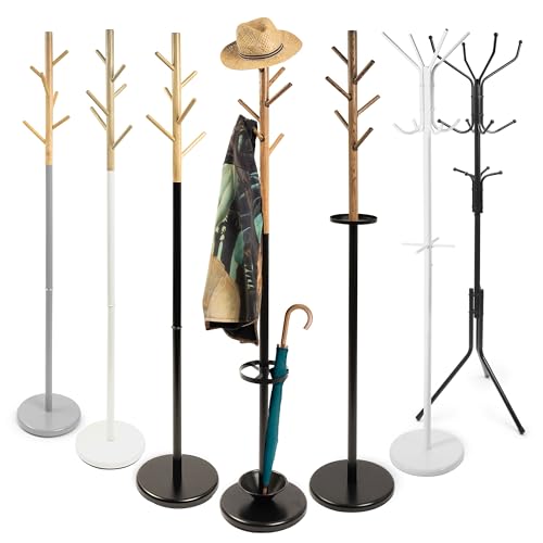 KARAT Franklin - Perchero para ropa, de madera y acero, estable y robusto, con 6 ganchos y pie redondo, perchero para vestidos, percheros y sombreros, altura de 174 cm, diámetro de 28,5 cm