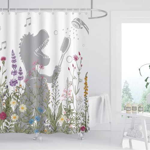 Image of Dinosaur Shower Curtain Funny Dino Sing Bathe Behind Wildflowers Trex Silhouette Shadow for Kids Bathroom Home Decor Waterproof Polyester Fabric 72Lx72W Inch with Hooks