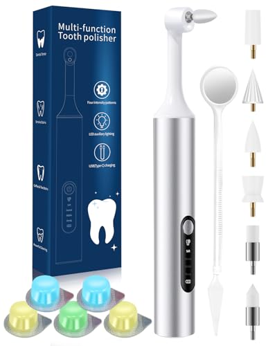 Vastaint Tooth Polisher Electric Rechargeable Teeth Polishing Kit with LED Auxiliary Light 6 Brush Heads & 5 Polish Paste 4 Modes IPX6 Waterproof Easy to Use Tooth Polishing Tool for HomeSliver