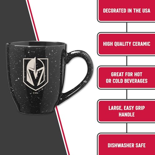Image of Rico Industries NHL Hockey Vegas Golden Knights Black Personalized 16 oz Team Color Laser Engraved Speckled Ceramic Coffee Mug